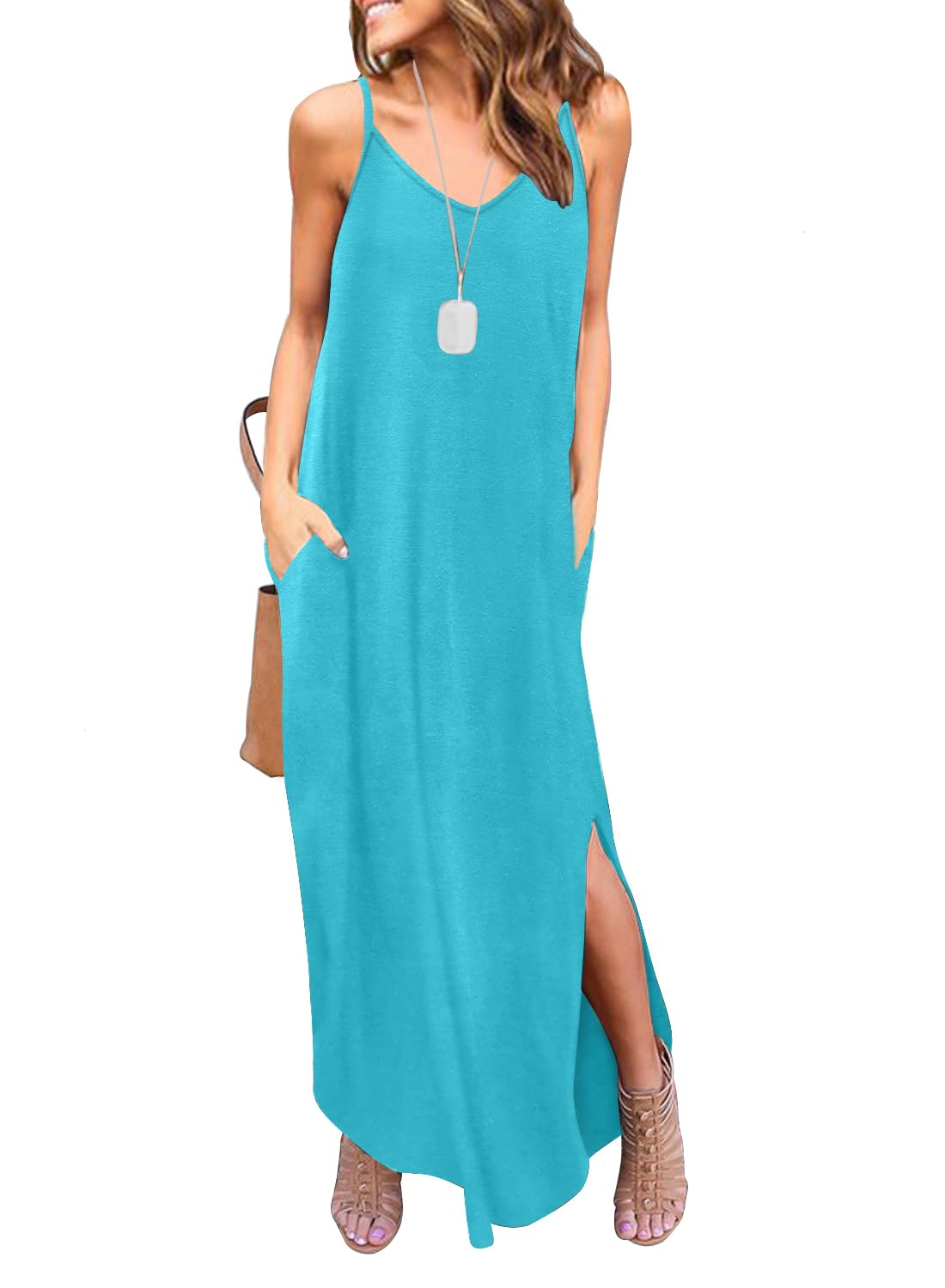 HUSKARY Women's Summer Casual Sleeveless V Neck Strappy Split Loose Dress Beach Cover Up Long Cami Maxi Dresses with Pocket