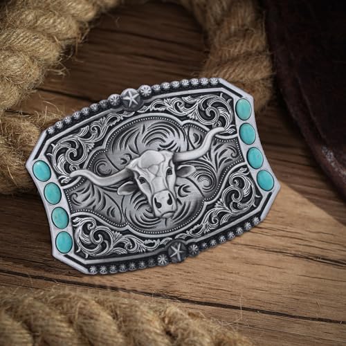 Image of Turquoise Belt Buckle for Men Western Cowboy Rodeo Longhorn Belt Buckle