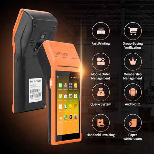 جهاز مساعد رقمي شخصي محمول باليد بنظام اندرويد 11.0 من نيتوم، جهاز نقطة بيع مع طابعة إيصالات، جامع بيانات، ماسح باركود محمول، منفذ USB وواي فاي وبلوتوث 4.0، يتضمن لفة ورق 58 × 35 ملم