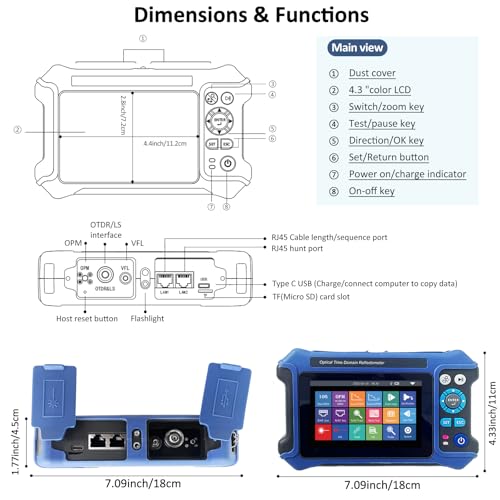 Image of 16-in-1 OTDR Optical Fiber Tester 1310 /1550nm,4.3' Touch Screen and Event Map OLT (Optical Loss Test), Fiber Tester Built-in VFL OPM LS /OLS /RJ45,Functions RJ45 Cable Tester Network Tools