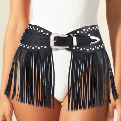 COSYDAYS Black Leather Fringe Belt Cowgirl Leather Tassel Skirt Rave Halloween Waist Belts Accessories for Women3