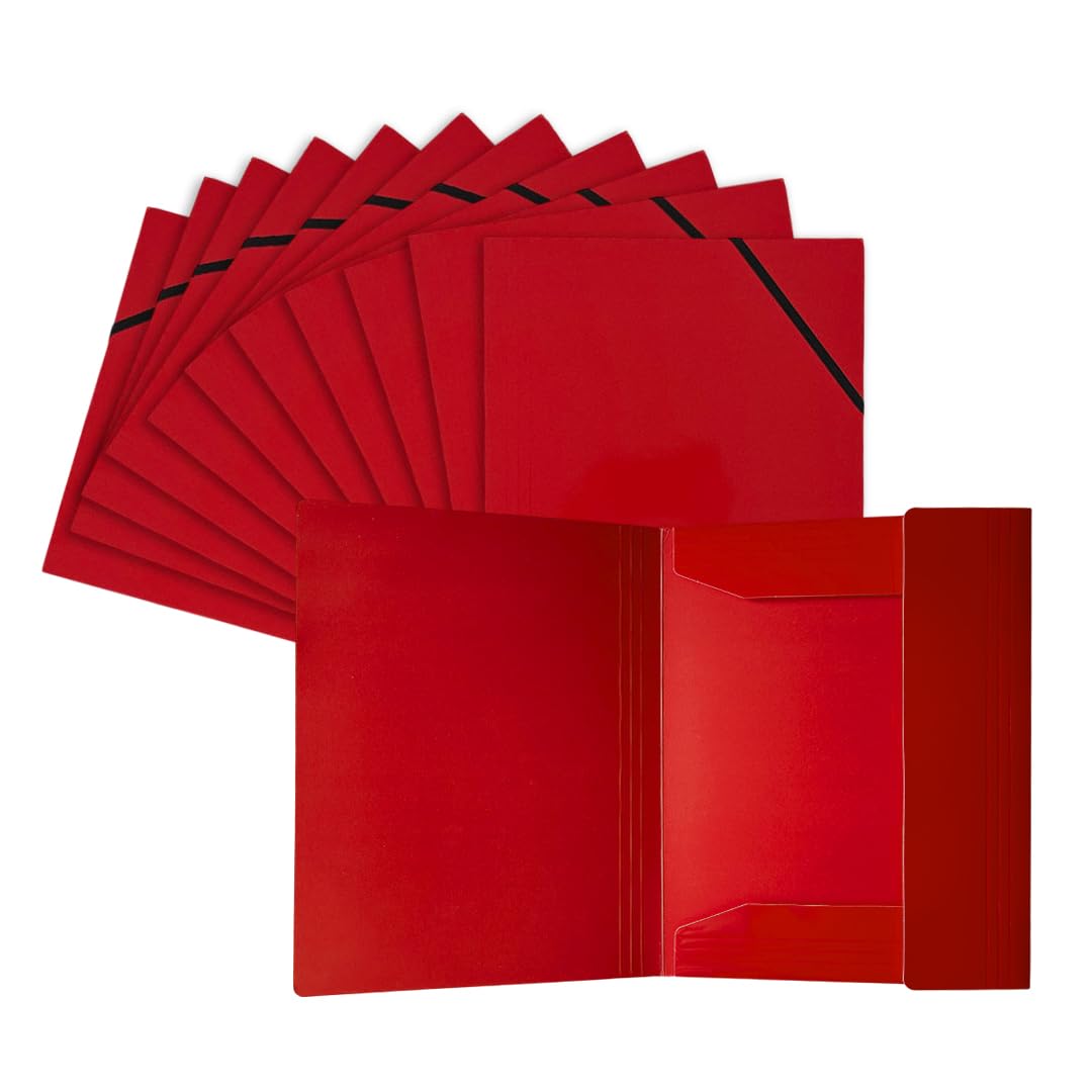 Lot de 12 chemises Janrax A4 en carton plastifié rouge 3 rabats avec fermeture élastique