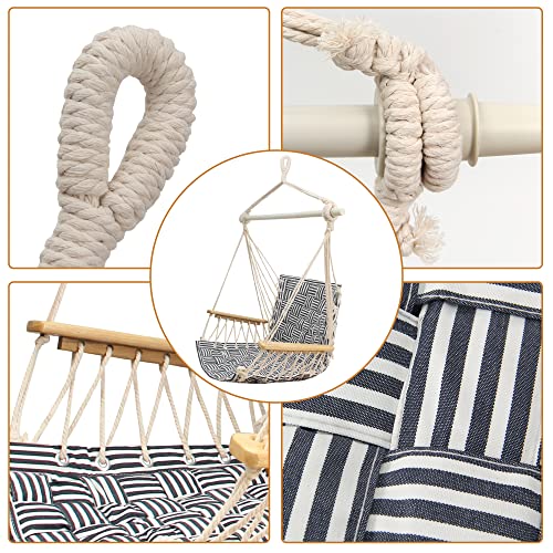 Rooity Hammock Chair Hanging Swing With Wooden Armrests;Steel Spreader Bar And Anti-Slip Rings;Cotton Woven Fabric;Up To 400 Lbs For Bedroom,Patio,Porch,Deck-Indoor Outdoor #TOP3