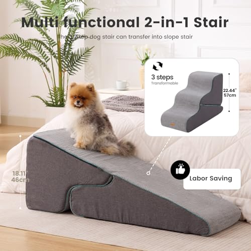 Image of Gardner Pet Dog Stairs for Small Dogs 22.4 inch H, Large 2 in 1 Transformable 3-Step Pet Stairs and ramp, Dog Steps for High Bed (22-27 inch) with Non-Slip Waterproof Cover CertiPUR-US Certified Foam, Grey