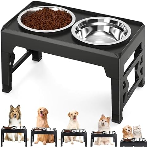 PANZZDA Elevated Dog Bowls, with 2 Stainless Steel Dog Food Bowls 5 Heights Adjustable Raised Dog Bowl Stand Non-Slip Dog Dish Feeder Adjusts to 3.5", 9", 10", 11", 12.25" Tall for Medium Large Dogs Cover