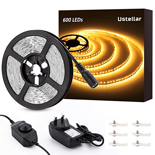 Ustellar Kit de tira de luz LED regulable, 300 unidades SMD 2835 LED, 5 m 12 V cinta LED, tiras de iluminación no impermeables, cinta LED, Warm White, 600 LEDs
