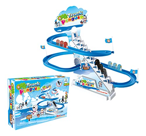 ARSUK Playful Penguin Race Game, Roller Coaster Musical Toy Track Playset with Music & LED Flashing Lights On/Off Button for Toddlers and Kids Gift