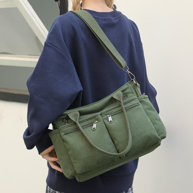 Corduroy Crossbody Tote Bag for Women Cute Shoulder Bag Large Messenger Bag Commuter School Purse Handbag Work Multi Pocket(green) - Image 2