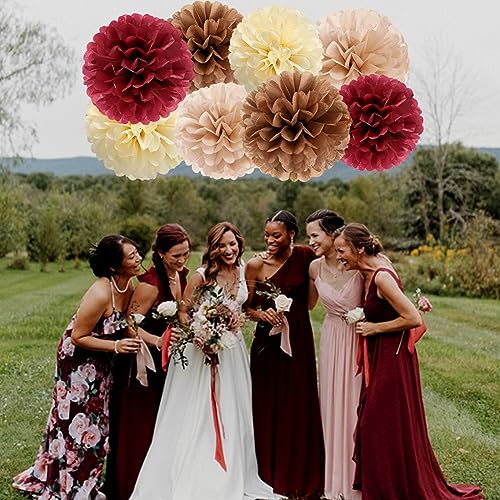 Image of Brown Burgundy Champagne-Gold Party-Decorations - 30pcs Rustic Boho Wedding Tissue Pom-Poms Streamers ,Fall Autumn Tassel Garland Banner,Birthday Baby Bridal Shower Engagement Decor Lasting Surprise