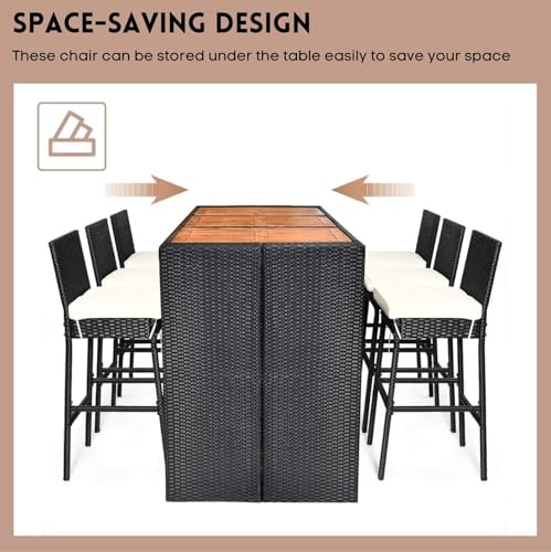 Image of DEVOKO Patio Table and Chairs, All Weather Wicker Outdoor Furniture Bar Dining Set with 6 Chairs and Removable Cushions, Patio Seating Sets for Backyards, Porches, Lawn (Black and White)