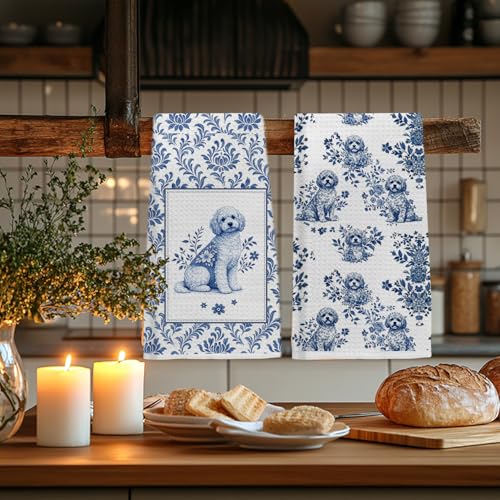Image of Chinoiserie Poodle Kitchen & Hand Towels Set of 2, Blue and White Floral Dog Dish & Tea Towels for Kitchen Bathroom Decor,Vintage Toile Poodle Hand Towel for Farmhouse Bathroom Kitchen Decor