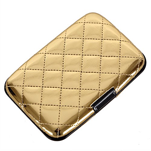 Aluminum Quilted PU Leather RFID Blocking Wallet Slim Hard Metal Credit Card Holder for Women (Gold)