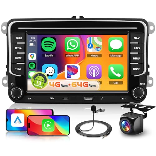 4G+64G Android 13 Car Stereo for VW Golf 5 Polo Skoda with DSP/Wireless Carplay/Android Auto/GPS/WiFi, Hodozzy 7 Inch VW Car Radio 2 Din Bluetooth with Mirror Link FM/RDS SWC+Rear View Camera