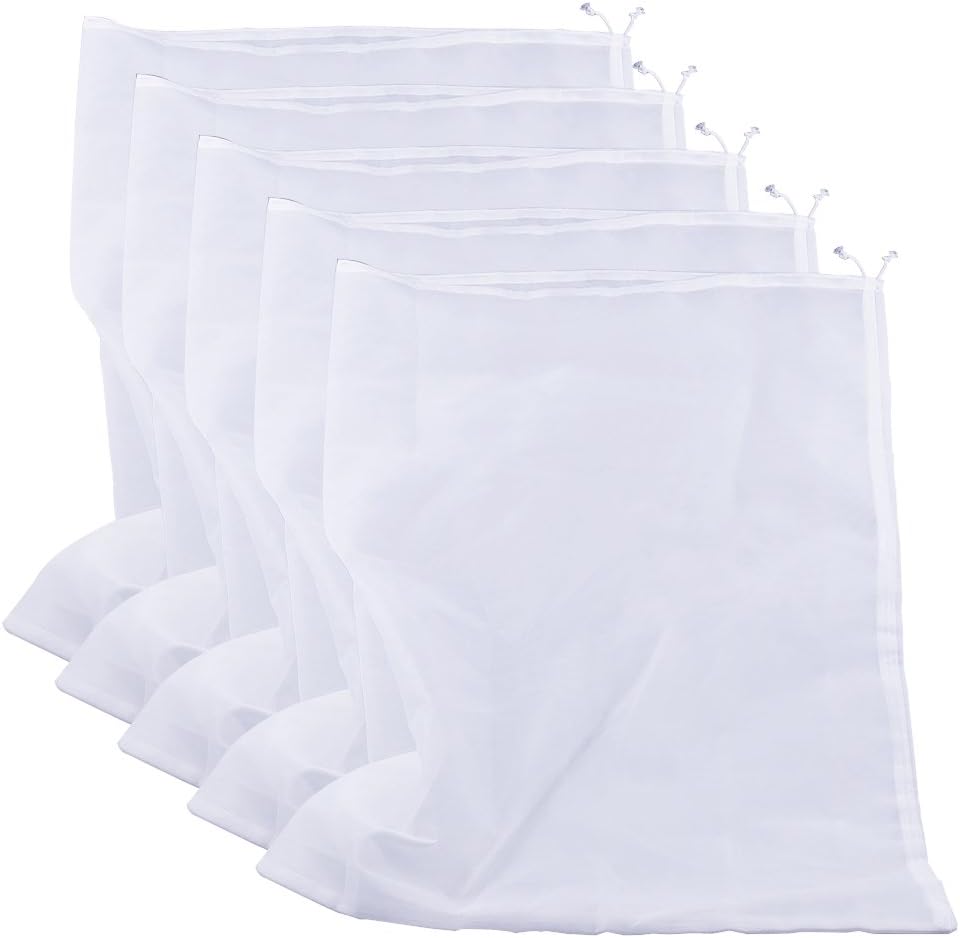 Reusable Nylon Fine Mesh Food Strainer Bag, All Purpose Food Grade Filter for Almond Milk, Coffee, Home Brewing, Hop, Juice (64cm x 48cm, 5 Pcs)