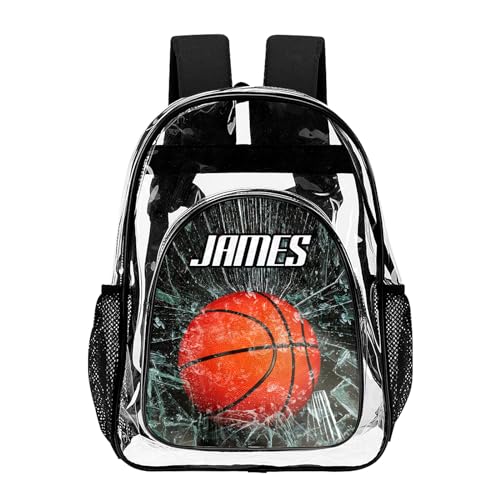 Hetano Personalized Clear School Backpack for Boys, Custom Basketball Pattern Backpacks with Name, TPU Waterproof Transparent Bookbag Suitable for Kids, Best Back to School Gifts