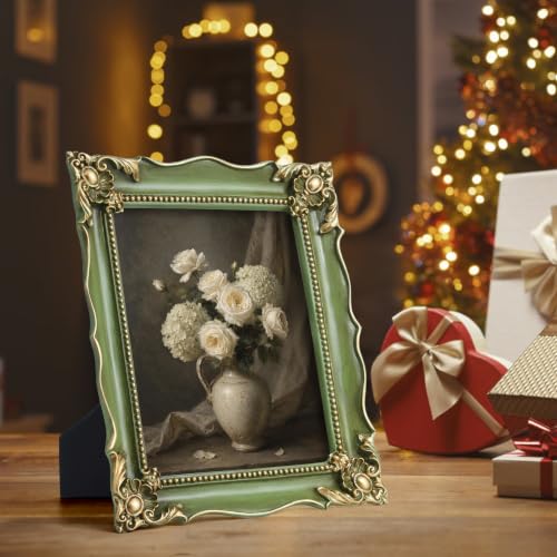 Image of Saysmile 8x10 Vintage Picture Frame with Embossed Flower Design, Green Ornate Frame for 8x10 or 5x7 Pictures with White Mat, Hand-Crafted Resin Antique Frames for Tabletop & Wall Hanging, Home Decor (Sage Green)