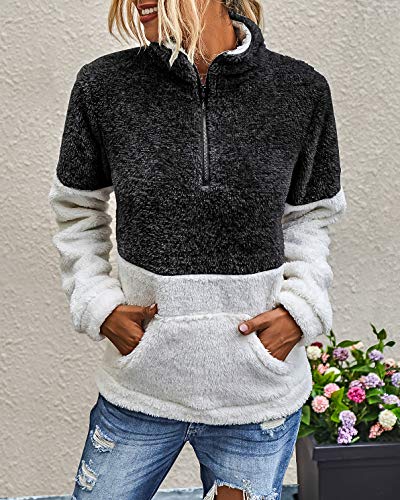 BTFBM Womens Sherpa Pullover Quarter Zip Long Sleeve Fluffy Soft Fleece Jackets Sweaters Sweatshirts Hoodies Outwear Coat (Black, Small)