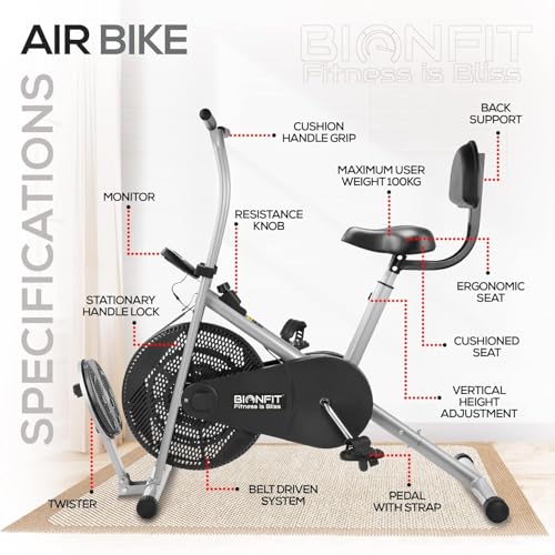 Image of BIONFIT Gym Cycle for Home Gym Fitness | Fixed Handle Air Bike for Cardio Exercise with Back Support Seat & Twister, Max Weight: 120 Kg