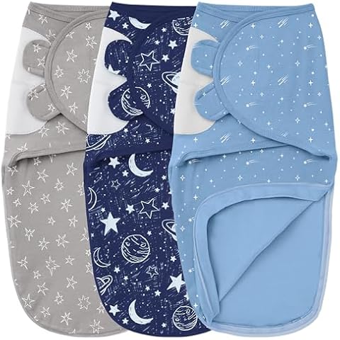Unnivoll Baby Swaddles 0-2 Months, Newborn Swaddle Sack, Adjustable Swaddle with Zipper, 3-Pack Baby Wrap Swaddles for Boy and Girl X-Small Grey ‎Blue Planet Cover