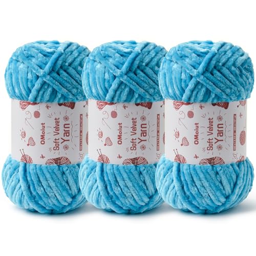 Image of 3x100g Fluffy Velvet Chenille Yarn for Crocheting and Knitting, 3x87.4yd Baby Yarn for Crocheting Soft, Crochet Chunky Yarns Amigurumi Yarns (Lake Blue)