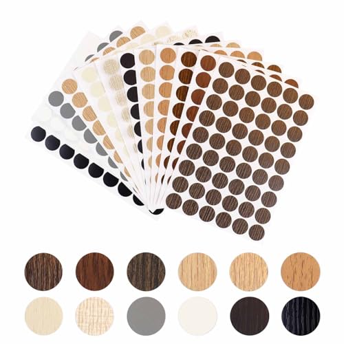 648 Pieces Screw Hole Covers Stickers Wood Stickers for Furniture PVC Adhesive Screw Cover Caps for Wall Cabinet Desk Self-Adhesive Screws Hole Sticker 21mm Dustproof Wood Textured Sticker (12 Colors)