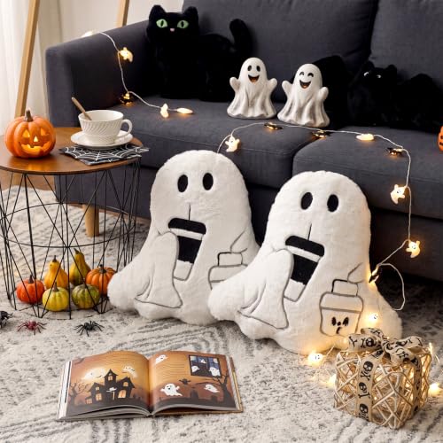 Image of Konohan 2 Pcs Halloween Ghost Throw Pillows Cushions Soft Stuffed Ghost Shaped Throw Pillows for Halloween Party Home Sofa Bed Office Couch Living Room