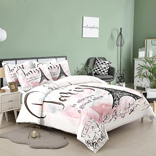 Bodhi Full Size Paris Comforter Set,Girls Pink Bedding Set,Cartoon Eiffel Tower Comforter Set,Girls Comforter With Matching Pillowcase,Pink Girls Bed Set Full Size #TOP1