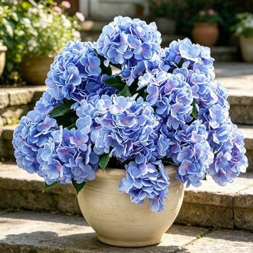 Laelfe 3er-Set Groß Hortensien Kunstblumen für Draußen 45 cm (Blau)