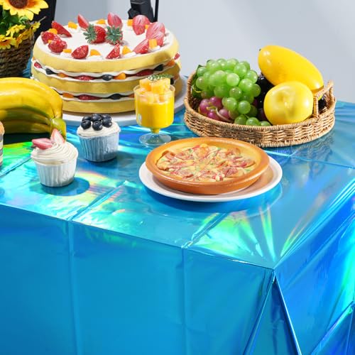 Image of 3 Pack Blue Plastic Tablecloth, Disposable Rectangle Table Covers, Holographic Metallic Foil Tablecloth Light Blue Party Supplies Decorations for Birthday Graduation Ocean Under the Sea, 54x108Inch