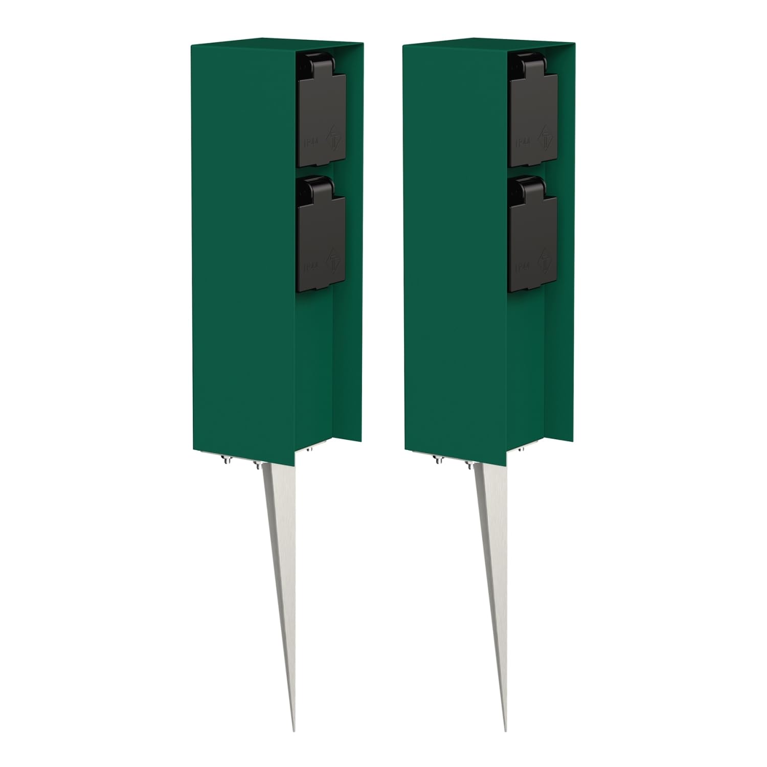 ledscom.de 2 Stück Garten-Steckdosen-Säule POMI mit Erdspieß für außen, IP44, 2-Fach, grün, eckig, 23cm