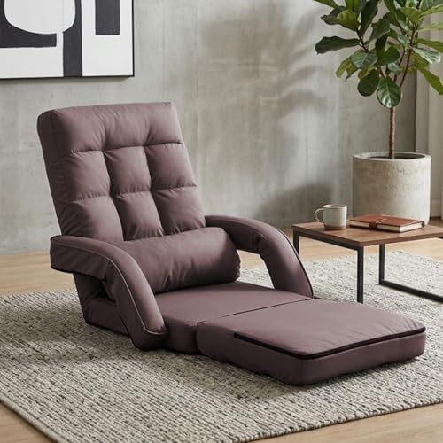 Image of Floor Chair for Adults with Back Support, 14-Position Adjustable Floor Sofa with Pillow & Armrests, Faux Leather Floor Lounger Chair for Gaming, Reading & Living Room (Brown)