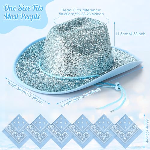 Image of Coume 12 Pcs Sparkly Adults Cowboy Hat and Bandanas Women Men Western Glitter Cowgirl Party Hats with Adjustable Drawstring