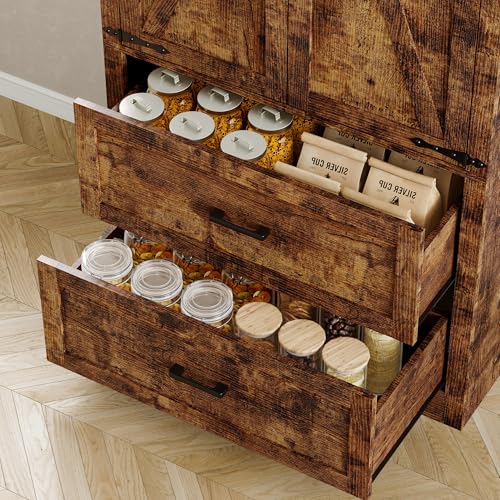 Image of BORNOON Pantry Organizers and Storage Cabinet, 71 inch Barn Door White Kitchen Cabinet with Drawers and Adjustable Shelf, Tall Pantry for Kitchen, Dining Room, Living Room. Bathroom and Office