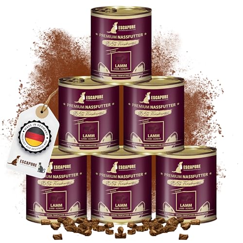 Escapure Adult Nassfutter Lamm 6 x 800g Dose - 86,5% pures Lammfleisch Hundefutter - Dosenfutter Lamm ohne Zusatzstoffe - Ergänzungsfuttermittel für ausgewachsene Hunde frei von Getreide