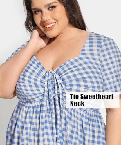 Image of CARCOS Plus Size Dresses for Curvy Women Tie Sweetheart Neck Summer Maxi Dress Short Sleeve Empire Waist Floral Boho Dress