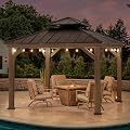 SUNJOY 11 x 11 ft. Wood Gazebo Standard Cedar Framed Gazebos with Black Double Steel Hardtop Roof for Garden, Backyard Shade, Dark Brown Roof + Dark Wood Frame