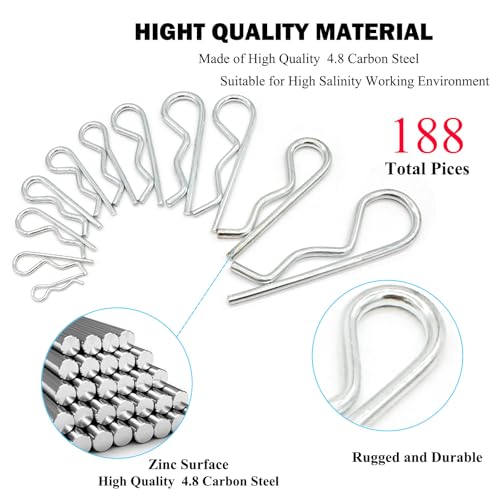 Image of 188 Pcs Hitch Pin Clip R Clips Retaining Pins Tractor Cotter Pin Hair Pin Assortment Spring Clip Retainer Pins Hitch Keeper Pins Kit for Dolly Pins /Trailer Pin Clips /Hand Ttruck Pin Replacement