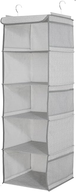 BrilliantJo Hanging Wardrobe Closet Storage with 5 Shelves Organiser, Storage Shelves Unit with 6 Pockets for Clothes - Light Grey(12 x 12 x 43 inch)