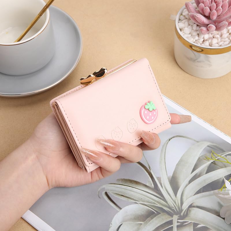 Image of Valerie Cute Small Wallets Clutch for Teen Girl Women PU Leather Trifold Small Wallet Cash Pocket 3D Buckle Card Holder Coin Purse with ID Window for Girls Women (Pink)