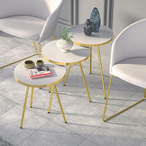 Set of 3 Nesting END Tables - Round Stacking Coffee Side Tables for Small Spaces, Nightstand Bedside Table for Living Room, Bedroom, Living Room, Balcony, NO-Tools Assembly (White/Gold) Cover