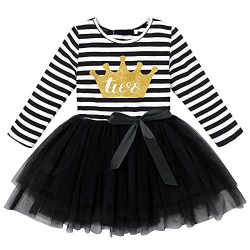 Baby Girls Shinny Striped 1st/2nd/3rd Birthday Long Sleeve Printed Princess Cake Smash Tutu Tulle Dress Toddler Kids Outfit Black Crown (Two Year) One Size