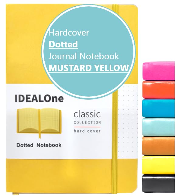 IDEALOne Dotted Classic Hardcover Notebook Journal – For Work, Home, School, 5.7 x 8 inches, 160 Pages, 100GSM, with Elastic Band Closure and Ribbon Bookmark (Mustard Yellow, Single)
