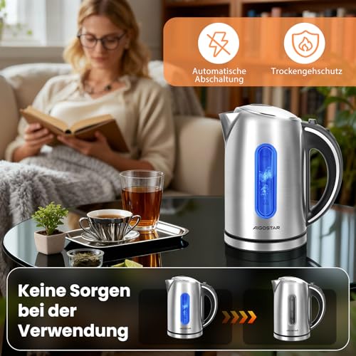 Foto von Aigostar Wasserkocher Edelstahl 1,7 Liter - Elektrischer Wasserkocher kabellos mit LED Beleuchtung Wasserstandsanzeige, 2200 Watt Schnelles Kochen, kalkfilter, BPA-frei, Auto-off & Trockenlaufschutz
