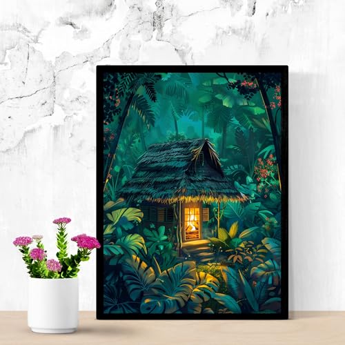 GullyMade Jungle Night Cabin Framed Wall Art | Tropical Forest House Artwork | 8 x 12 Inch Ready to Hang Home Decor Frame | Dark Green Nature Poster
