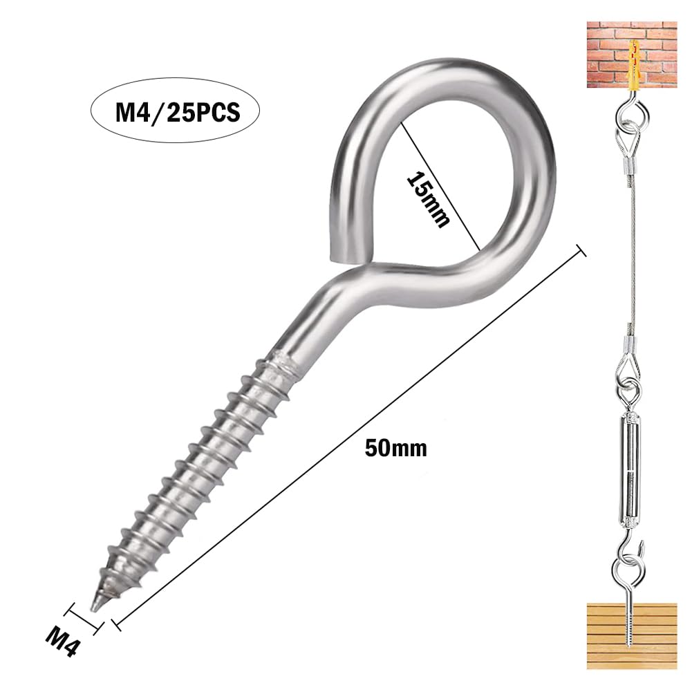 ACCZIO 16 Pack 304 Stainless Steel Eye Screws,2.5 Inch M6 Heavy Duty Eye Hooks Screw, Eye Bolts Screw In Eye Hooks For Wood, Eye Bolts For Secure Cable Wires, Indoor