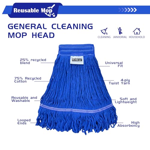 Image of Heavy Duty Wet Industrial Cleaning Mop Head - 21 oz Blue mop Head Replacement Cotton Washable Industrial mop Heads Heavy Duty for Commercial & Home Cleaning(Blue)