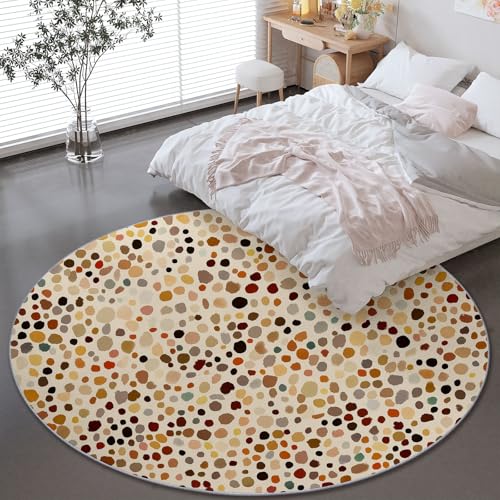 Alfombras Redondas 100 cm Microfibra Suave Alfombra Círculo Salón Dormitorio, Moderno Abstracto Lunares Resistente Antideslizante Decoración del Hogar Estampados Alfombras, Crema