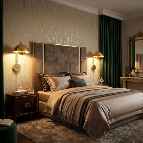 Image of COSYLUX Mid-Century Modern Bud Plug in Wall Sconces for Bedroom, Gold | Indirect lighting reading wall lamp, all-metal construction, plug-in or hardwired install, fits bedroom bedside, living room