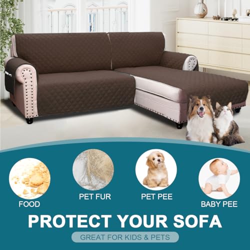 BellaHills Sofabezug L Form 2 Sitzer (205cm), Couch Überzug L Form Mit Armlehne, Ecksofa Bezug Rechts Für Hund Katze, Sofa Überzug Eckcouch rutschfest Sofa Auflage für Wohnzimmer, Braun