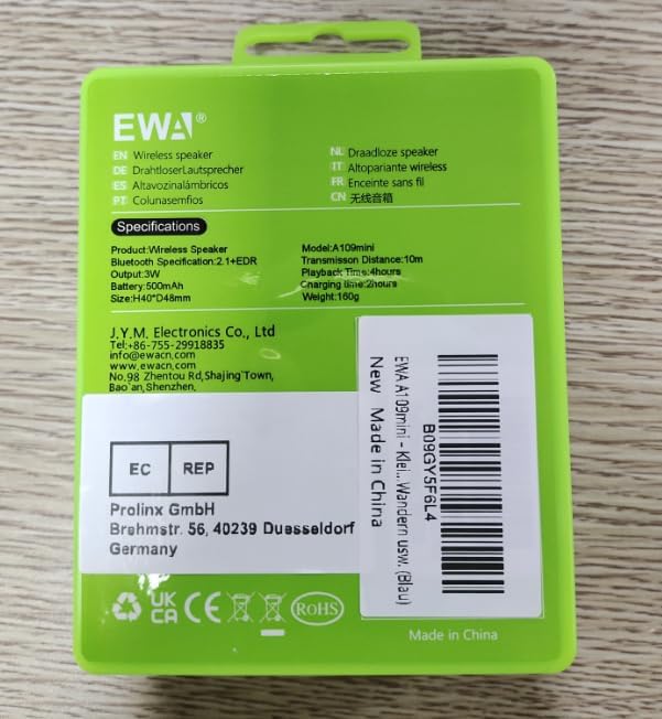 Back of the EWA A109mini speaker's green case showing specifications and regulatory marks.
